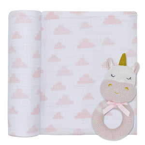 Living Textiles Muslin Swaddle & Rattle Gift Set